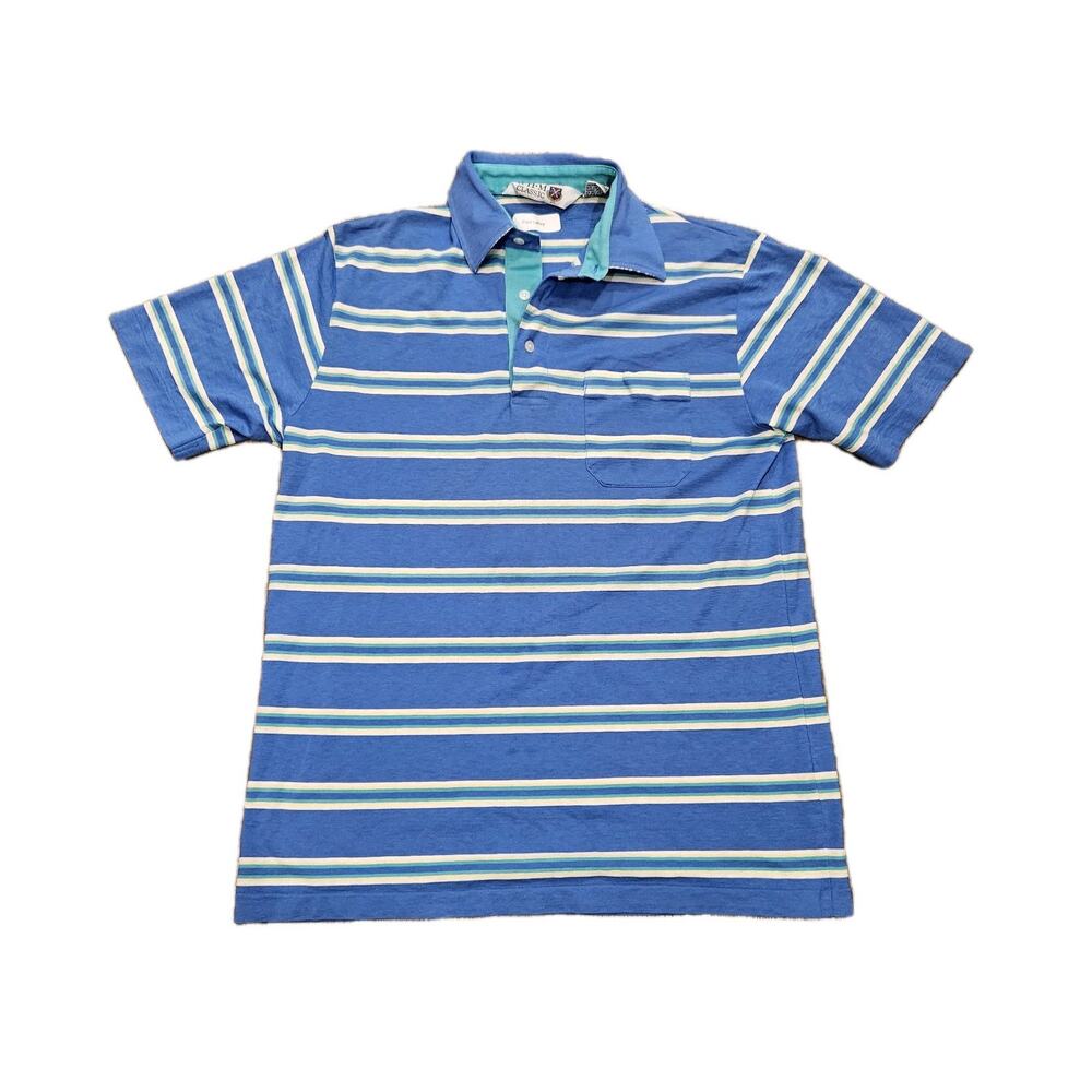 Vtg RHM Classics Striped Polo Men M Blue Green Single Stitch Preppy 70s 80s Golf